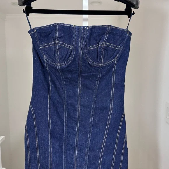 NWT Zara Blue Denim Midi Bustier Corset Party Dress Medium - Picture 9 of 16